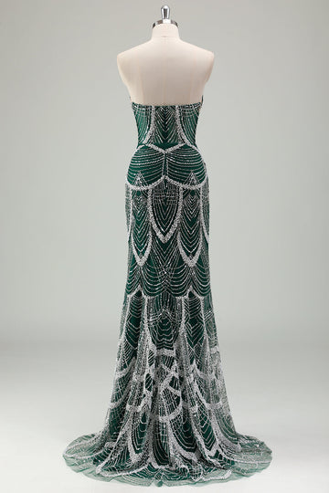 Glitter Dark Green Mermaid Strapless Sequins Long Corset Formal Dress with Beading